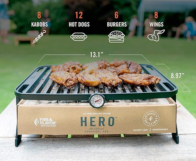 Fire & Flavor Hero Grill System - Ultra-Portable Grill for Camping, Tailgating, and BBQ on the Go - Tabletop Charcoal Grill Set Comes with Spatula, Thermometer, and Cutting Board