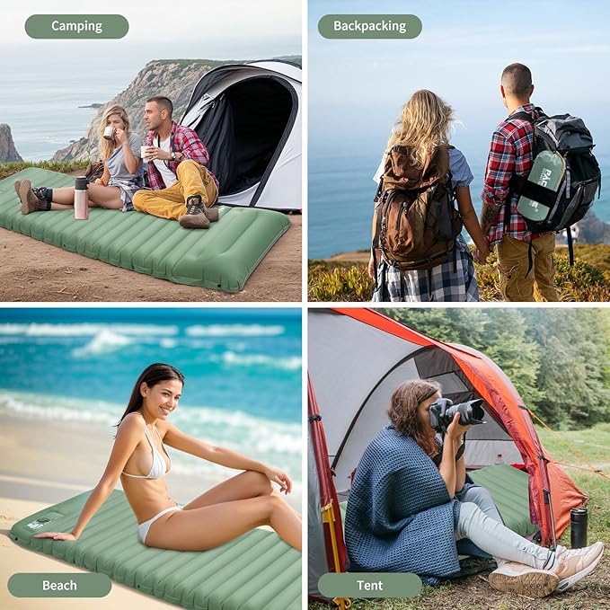 Extra Thick 4 Inch Camping Sleeping Pad, Splicable Ultralight Sleeping Pad with Pillow, Built-in Foot Pump, Lightweight Sleeping Mat for Camping Backpacking, Hiking, Tent (Green)