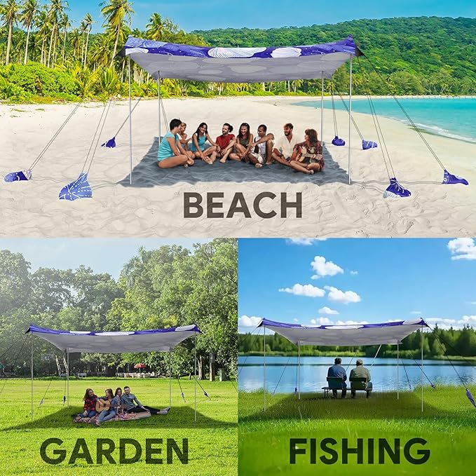 Beach Tent Sun Shelter, 10 x 10 FT Beach Canopy Tent Sun Shade, UPF50+ Beach Tent Canopy with 8 Sandbags & 4 Stability Poles, Outdoor Beach Tent for Beach Camping Fishing, Jellyfish