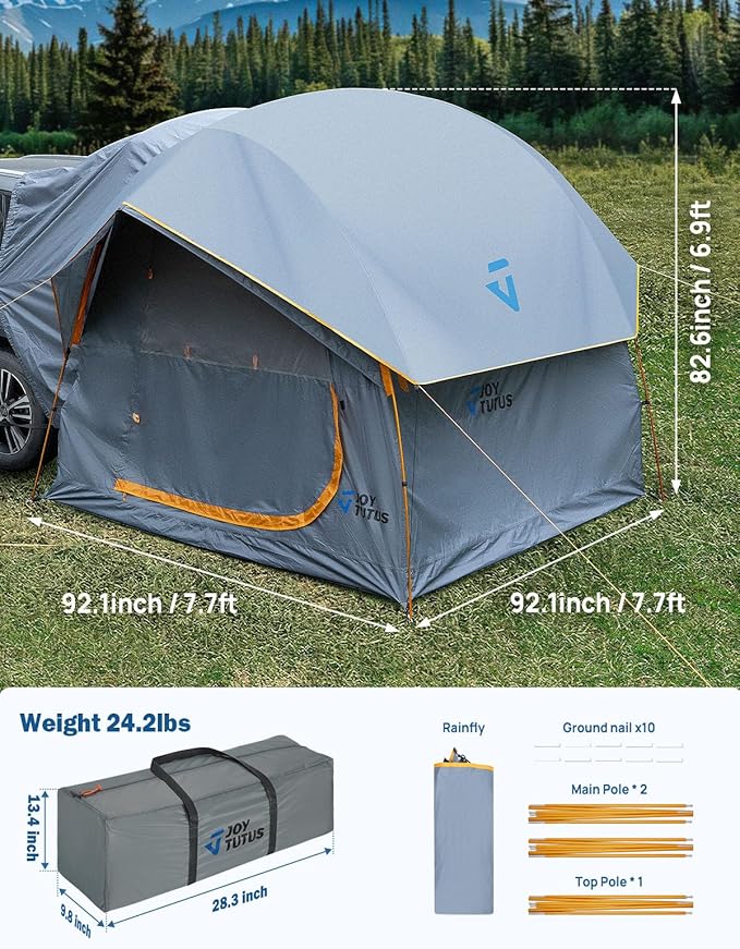 JOYTUTUS SUV Tent for Camping with Rainfly, Double Door Design Car Tent with Aluminum Poles, SUV Tailgate Tent with Waterproof PU2000mm Double Layer for 6-8 Person, Orange