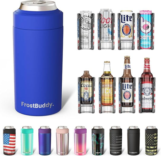 Frost Buddy Universal Can Cooler - Fits All - For Regular 12 & 16 oz or Slim-Size Bottles - Insulated Double-Walled Stainless Steel (Royal)