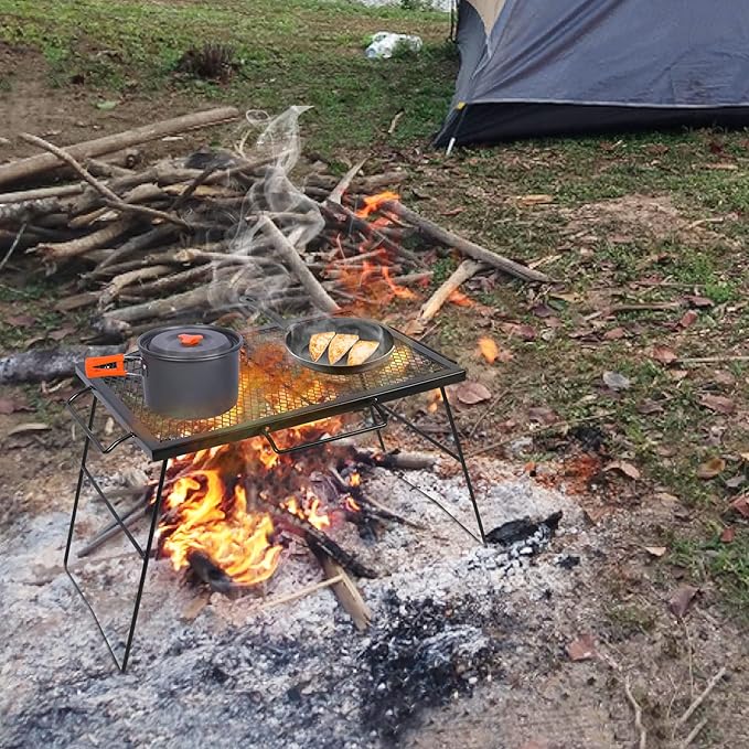 Folding Campfire Grill Grate, Portable Heavy Duty Steel Over Fire Camp Grill for Outdoor Camping Cooking Fire Pit, Black with 2 Heights