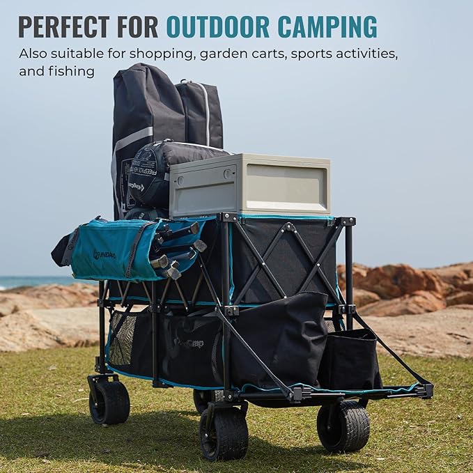 FUNDANGO Double Decker Wagon, 500L Collapsible Beach Wagons Foldable Heavy Duty Garden Cart with Tailgate, Brakes, Side Pockets & All-Terrain Big Wheels for Sports Camping Shopping, Blue