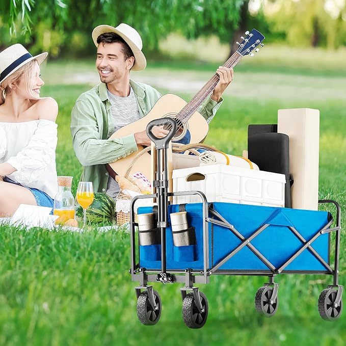 Collapsible Wagon Cart Foldable, 30" L Folding Beach Wagon with All-Terrain Wheels, Shopping Cart with 250lbs Capacity, Portable Camping Wagons Carts for Grocery Garden and Sports, Modern Blue