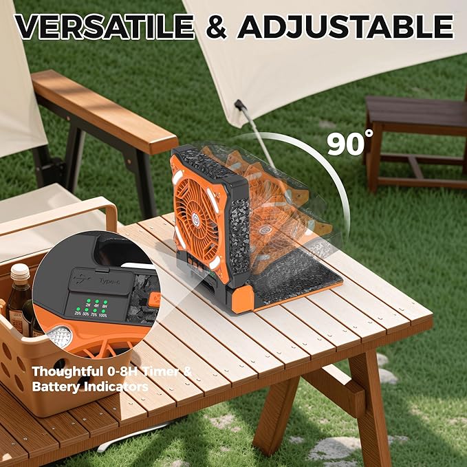 MORECORE 10000mAh 11inch Solar Camping Fan with Dual Charging, 4 Speeds & 3 Light Levels, 36H Run Time, Timer & 90° Adjustable, Portable Quiet Desk Fan for Hiking, Hurricane, Outages, Fishing-Orange