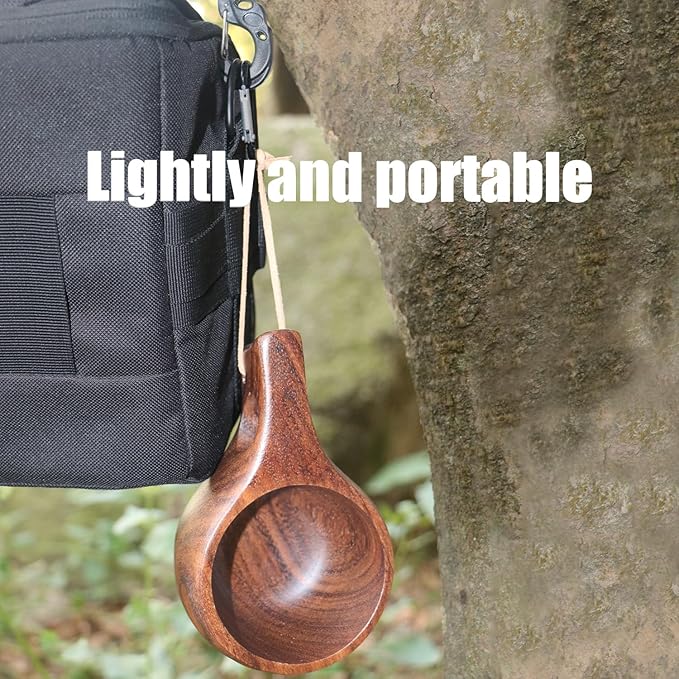 Coffe Mug Portable Wooden Camp Cup with Handle Kuksa Handmade Cool Hot Drinking Viking Mug Unique Natural Wood Grain for Outdoor Travel Hiking Men Women