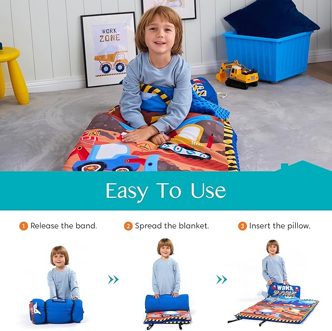 JOIEDOMI Toddler Nap Mat for Preschool 55''x30'' Sleeping Mat with Removable Pillow and Minky Blanket for Kids Ages 3-7 Roll Up Soft Kids Sleeping Bag for Boys Girls Kindergarten Daycare Sleepover