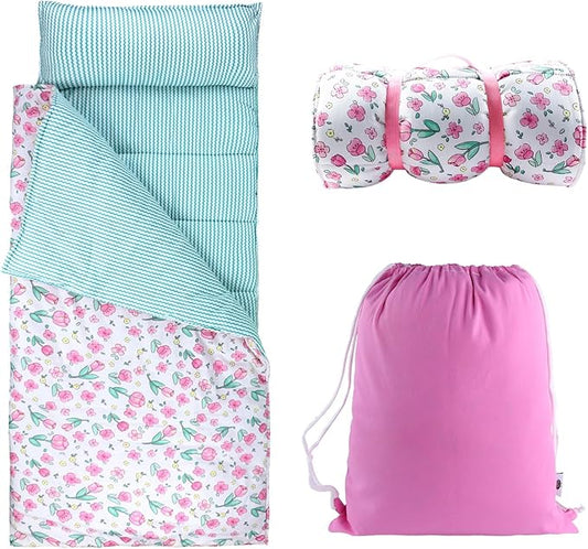 Toddlers Nap Mat with Removable Pillow and Soft Blanket, Lightweight Daycare Preschool Kindergarten Sleeping Bag, Travel Slumber for Kids Girls Boys