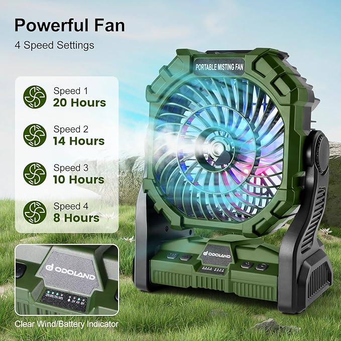 Odoland Portable Misting Fan with LED Light, 10000mAh Battery Operated Rechargeable Camping Mister Fan with 250mL Water Tank and Hook, Outdoor Tent Cooling Mist Fans for Patios Beach Home, Green