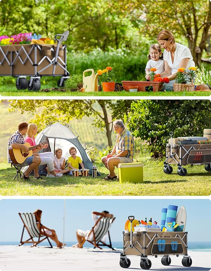 Collapsible Wagon, 440 lbs Foldable Wagons Carts with Big Wheels, Folding Wagon for Beach/Garden/Camping/Grocery Khaki