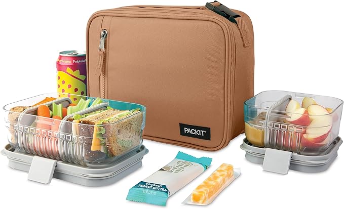 PackIt®️ Freezable Classic Lunch Box, Almond, Built with ECOFREEZE® Technology, Collapsible, Reusable, Zip Closure With Zip Front Pocket and Buckle Handle, Designed for Fresh Lunch On the Go