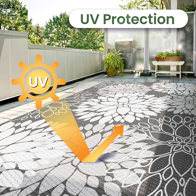 LuxStep Outdoor Rug Waterproof Outdoor Plastic Straw Rug Reversible Patio Rug Mat Outdoor Decor Large Area Mats for RV, Picnic, Backyard, Deck, Balcony, Porch, Beach, Camping, 8' x 10' Grey