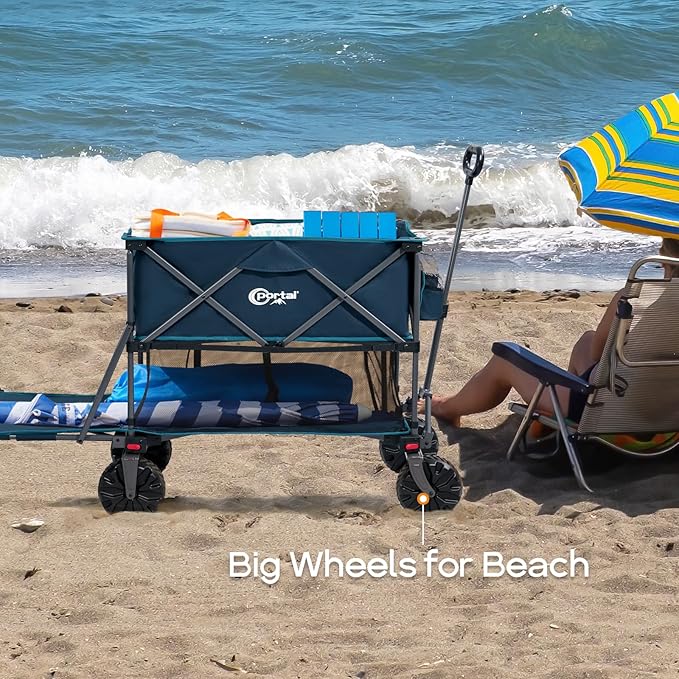 PORTAL Collapsible Double Decker Folding Wagon, Beach Cart with Tailgate, Big Wheels, 450LB Heavy Duty 14 FT Foldable Wagon for Camping, Sports, Garden, Shopping