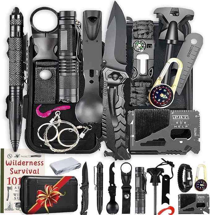 Survival Kit,13 in 1 Survival Gear and Equipment, for Dad, First Aid Kit with Survival Bracelets Emergency Blanket Tactical Flashlight for Camping Adventures