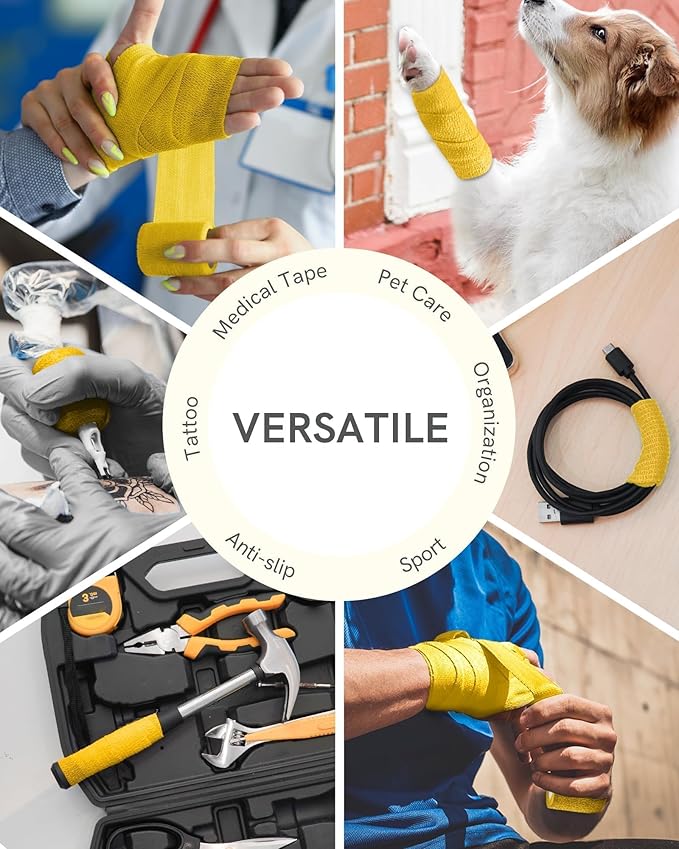 FriCARE Self Adhesive Bandage Wrap, Medical Tape in First Aid Kit, Cohesive Bandages for Wounds Sport Vet, FSA/HSA Eligible, 2 Inches X 5 Yards 6 Rolls, Yellow