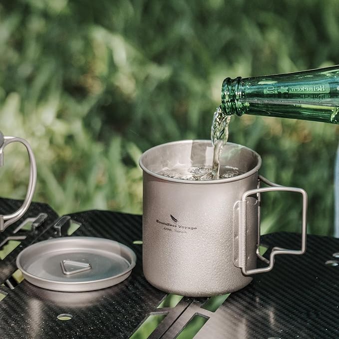 iBasingo 450ml Titanium Mug with Lid Tea Coffee Water Cup Outdoor Camping Pot Ultra-light Portable Hiking Backpacking Cooking Kit Picnic Tableware Drinkware with Foldable Handle Ti3026D