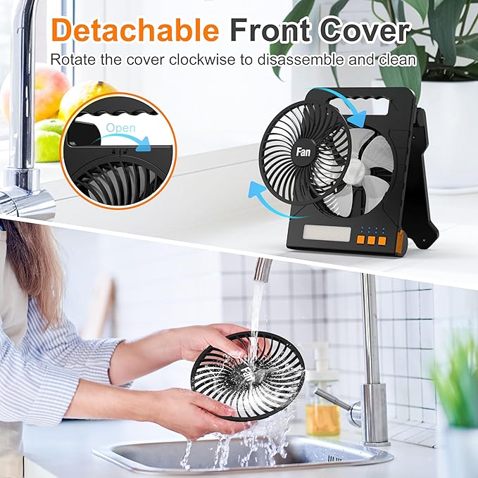 Solar Powered Fan for Camping, 4000mAh Portable Table Fan with LED Lantern, Flashlight, Battery Operated, 4 Speeds Powerful Wind and 4 Timers, for Workbench, Picnic, Hurricane, Fishing