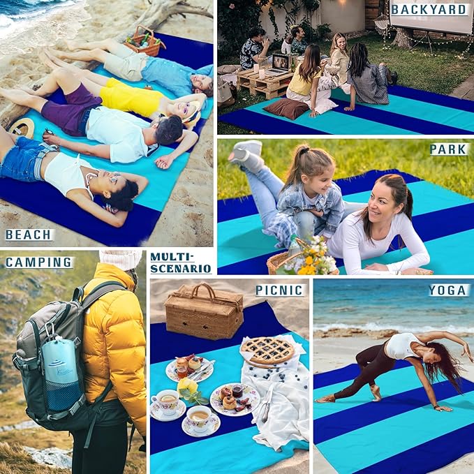 Beach Blanket Sandproof Waterproof 10'×9' 1-8 Adults Oversized,Compact Lightweight Durable Beach Mat for Travel Camping Hiking Picnic Blanket