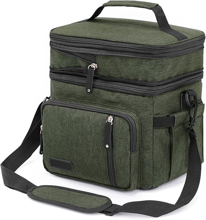 Men's and Women Double Compartment Lunch Bag, Insulated Lunch Cooler Tote 2 Roomy Large Reusable Water-resistant Lunch Box (Green)