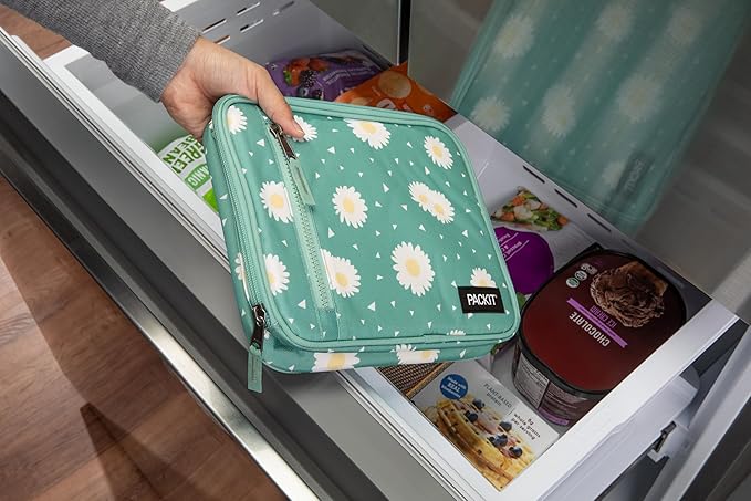PackIt®️ Freezable Classic Lunch Box, Daisy Sage, Built with ECOFREEZE® Technology, Collapsible, Reusable, Zip Closure With Zip Front Pocket and Buckle Handle, Designed for Fresh Lunch On the Go