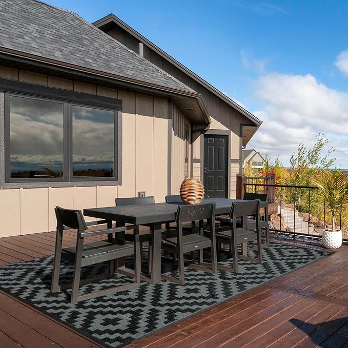 Outdoor Patio Plastic Straw Rug - 9'x18' Outdoor Camping Rug Waterproof Reversible, Area Carpet Patios Clearance RV, Outside Porch Balcony Deck for Camper, Black & Grey