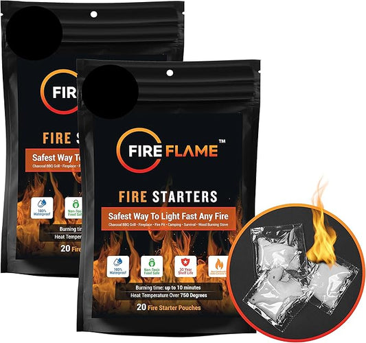 Fireflame Quick Instant Fire Starter - 100% Waterproof All-Purpose Indoor & Outdoor Firestarter, for Charcoal Starter, Campfire, Fireplace, BBQ - Odorless and Non-Toxic - 40 Pouches in Canister