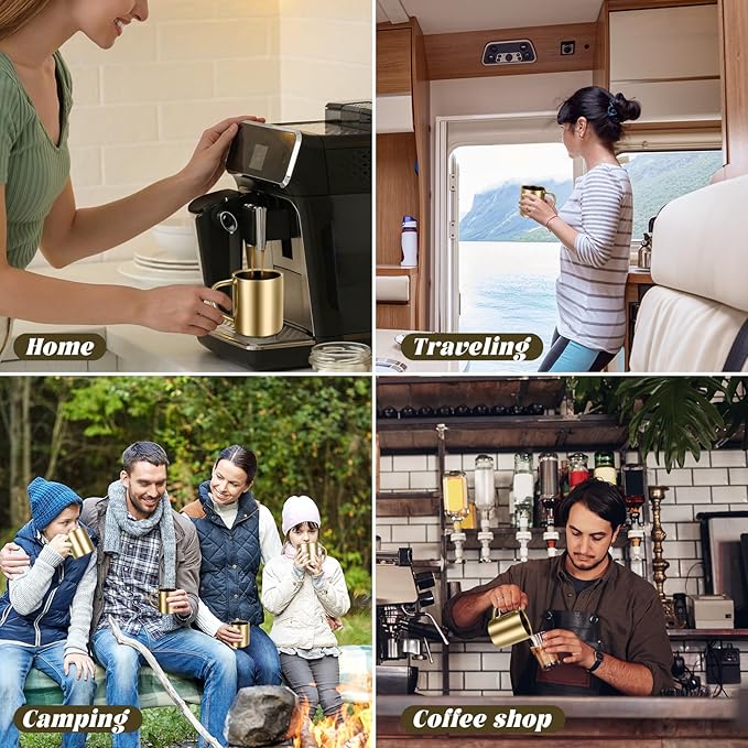 Cunhill 4 Set 7.5oz/220ml Stainless Steel Coffee Mug with Handle Metal Double Walled Cups Camping Mug Dishwasher Safe Tea Cups for Home Travel Camping Outdoors Rv Keep Drinks Hot (Gold)