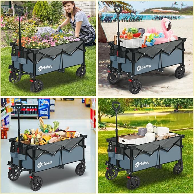 Sekey 330lbs Collapsible Foldable Wagon with Weight Capacity, Heavy Duty Folding Wagon Cart with Big All-Terrain Wheels & Drink Holders. Blue&Gray