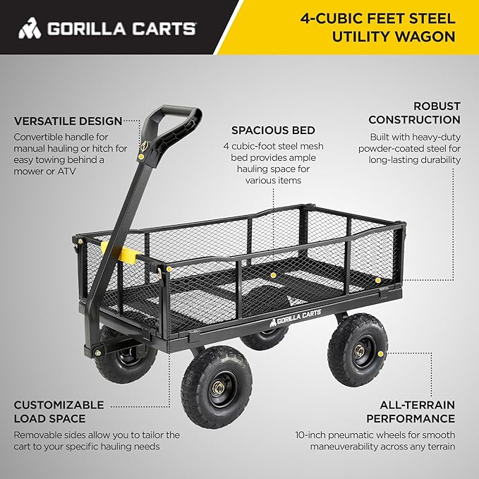 Gorilla Carts 4 Cu Ft Steel Utility Cart w/Removable Panels for Flatbed, 900 Lb Capacity