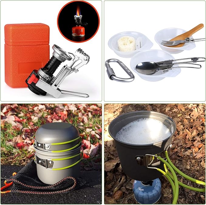 G4Free 2/4/13 PCS Camping Cookware Mess Kit Hiking Backpacking Picnic Cooking Bowl Non Stick Pot Knife Spoon Set