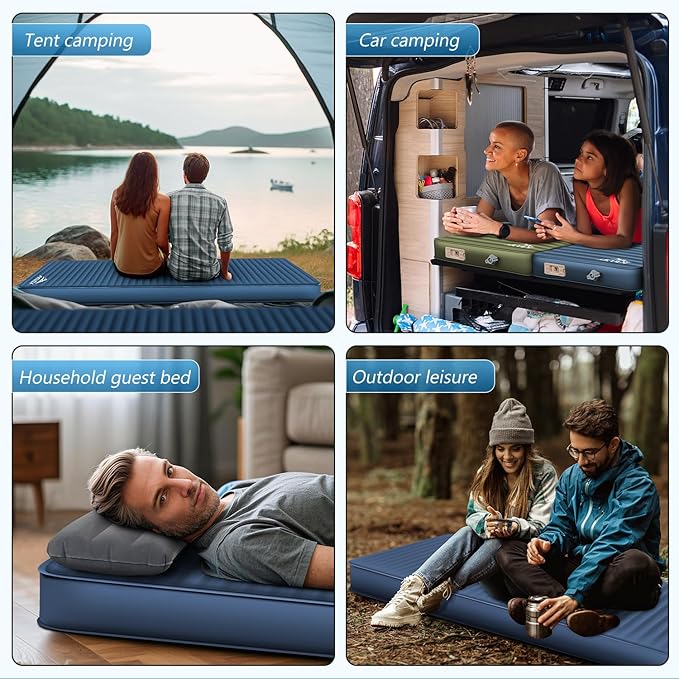 Self Inflating Sleeping Pad with Electric Pump, 4" Ultra-Thick Memory Foam Camping Pad with Pillow, 9.5 R-Value Insulated Camping Mattress, Navy Blue
