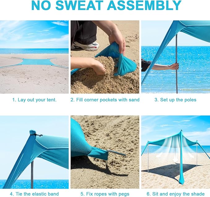 Beach Tent - 10 x 10 FT Beach Canopy, Portable Beach Tent Sun Shelter UPF50 with 4 Sandbags, Stability Poles Ground Pegs and Anti-Wind Ropes, Outdoor Beach Shade Canopy for Camping, Light Blue