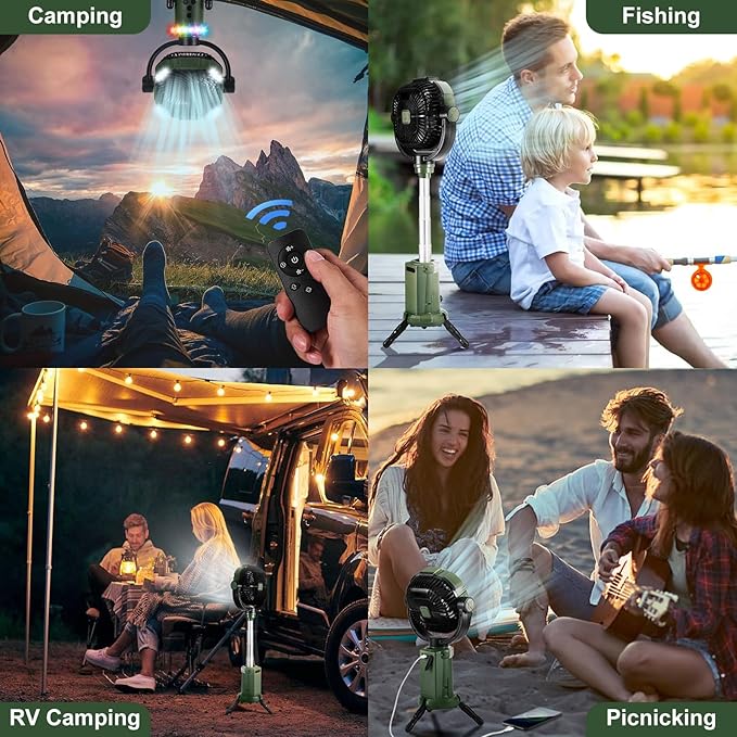 Odoland Camping Fan with Lantern, 360° Oscillation 20000mAh Table Fan with Remote & Hook, Rechargeable Battery Operated Outdoor Power Fan with Light for Camp, Family Travel and Jobsite, Green