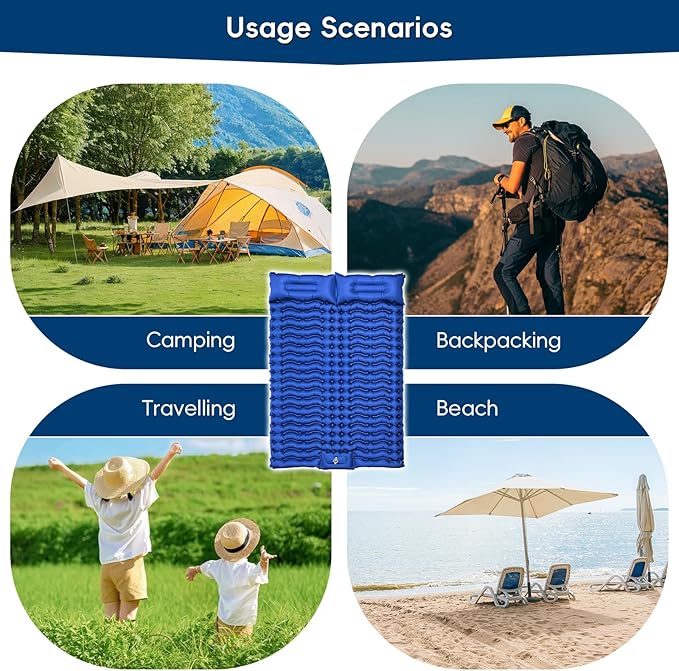 Double Sleeping Pad for Camping, Self Inflating 4" Extra-Thick Camping Mattress Pad 2 Person with Pillow, Built-in Foot Pump, Ultralight Camping Bed Mat for Backpacking Hiking Traveling Tent
