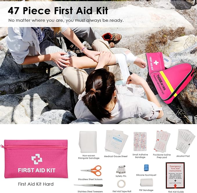 THINKWORK Car Emergency Kit for Teen Girls and Lady's Gifts, Pink Emergency Roadside Assistance Kit with 10FT Jumper, First Aid Kit, LED Flare, Deer Whistles, and More Ideal Pink Accessories Tool