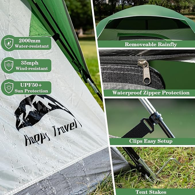Happy Travel Camping Tent, 4 Person Dome Tents for Camping with Rainfly, Waterproof Clip Easy Setup Portable Family Tent with Mesh Windows, 20% More Headroom Backpacking Tents for Camping & Hiking