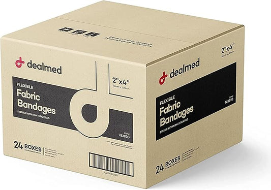 Dealmed Fabric Flexible Adhesive Bandages – 100 Count (24 Pack) Bandages with Non-Stick Pad, Latex Free, Wound Care for First Aid Kit, 2" x 4"