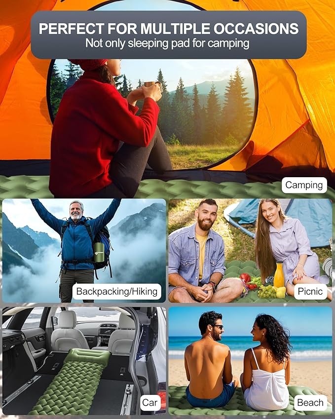 Inflatable Camping Sleeping Pad with Pillow & Foot Pump, 3"x79"x26" Single Camping Air Mattress, Compact Roll-Up, Quick-Dry & Durable Sleeping Mat for Backpacking, Hiking, Tent, Travel – Grass Green