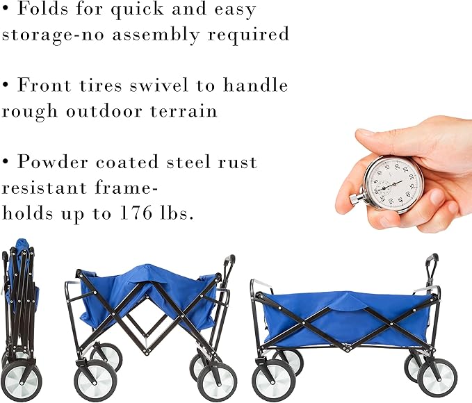 Collapsible Wagon - Grocery Cart on Wheels - Portable Beach Wagon, Folding Garden Cart or Shopping Cart - Wagons Carts Foldable by Pure Garden (Blue)