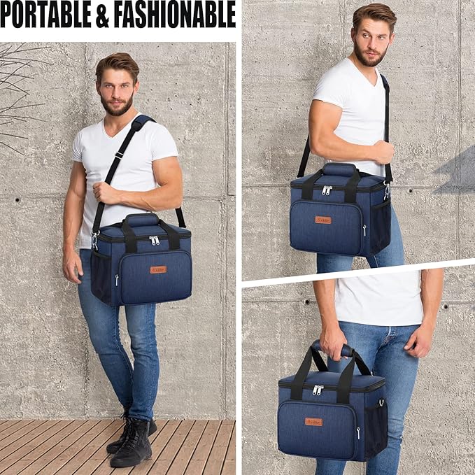 Insulated Lunch Bag for Women/Men - Reusable Lunch Box for Office Work School Picnic Beach - Leakproof Cooler Tote Bag Freezable Lunch Bag with Adjustable Shoulder Strap for Kids/Adult - Navy Blue