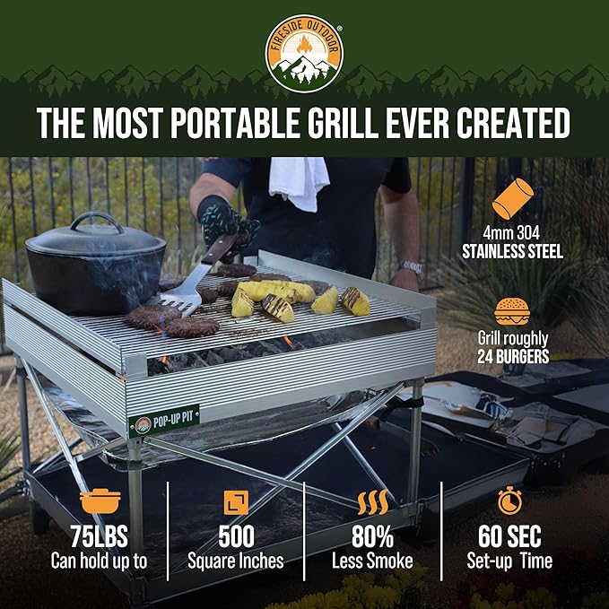 Fireside Outdoor Pop-Up Fire Pit Grilling Grate-Folding Grill Design for Outdoor Cooking, Portable Fire Pit Grill Grates, Camping Cooking, Foldable Campfire Grill Grate- Quad-Fold Folding Grill Grates