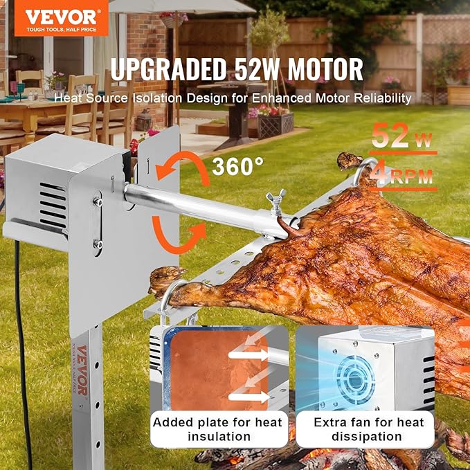 VEVOR 56-Inch Splicable Rotisserie Grill Kit, 132 lbs Sectional Spit Rod with Automatic 52W Motor & Heat Shield, Height Adjustable Spit Roaster Stand for Roasting Pig Lamb, Stainless Steel Grill