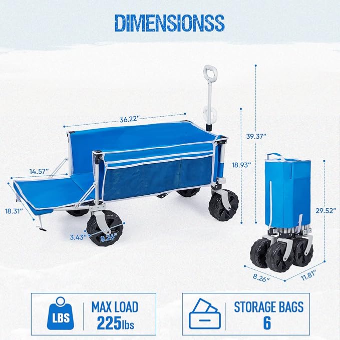 225lbs Extra Long 49" L Beach Wagon with Big Wheels for Sand, Collapsible Utility Beach Cart Heavy Duty Folding Wagon,Ideal for Outdoor Sand Camping Garden Pet