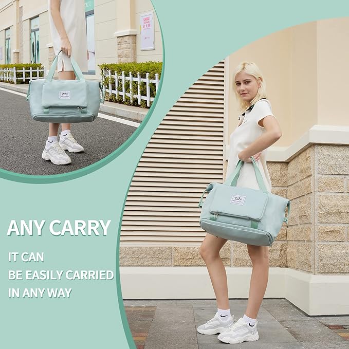 Expandable Travel Duffel Tote Bag - Foldable Overnight Weekender, Carry-On, Swim & Gym Bag - Fits Spirit Airlines Personal Item Size - Lightweight, Waterproof & Durable with Trolley Sleeve,Green