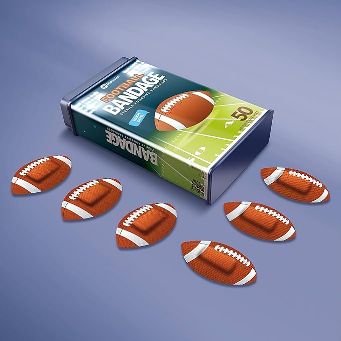 BioSwiss Bandages, Football Shaped Self Adhesive Bandage, Latex Free Sterile Wound Care, Fun First Aid Kit Supplies for Kids, 50 Count