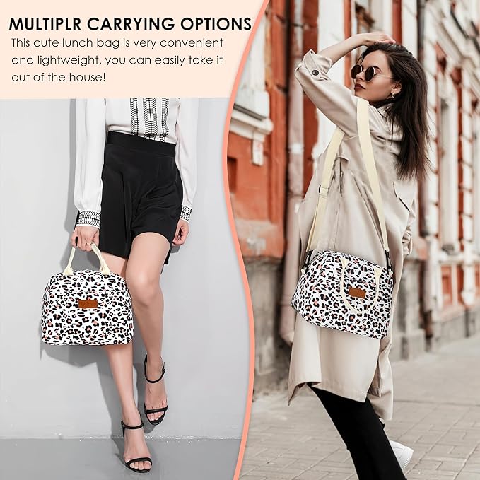 LOKASS Lunch Box for Women-Insulated Adults Lunch Bag with Removable Shoulder Strap&Front Pocket,Cute Lunch Tote for Work-Reusable Leopard Print Cooler Bag for Office Picnic Beach or Travel