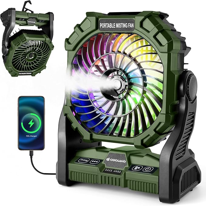 Odoland Portable Misting Fan with LED Light, 20000mAh Battery Operated Rechargeable Camping Mister Fan with 250mL Water Tank and Hook, Outdoor Tent Cooling Mist Fans for Patios Beach, Green