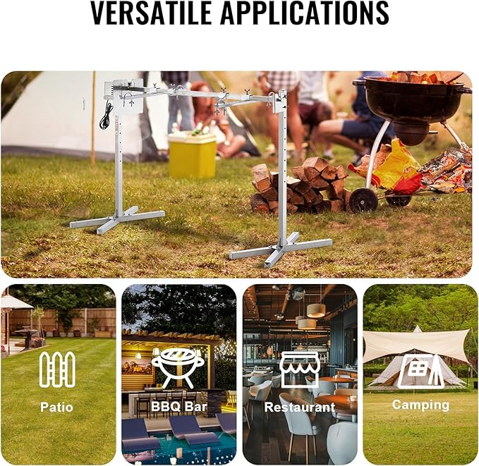 VEVOR Electric BBQ Rotisserie Grill Kit, 46 Inch 132 lbs Capacity, Automatic 52W Motor Height Adjustable Universal Roaster Stand, Stainless Steel Grilling Kit, Spit Rod with Heat Shield for Pig Lamb