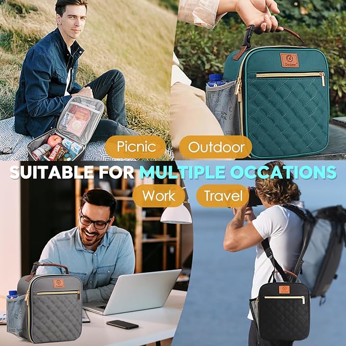 Lunch Box for Women Men Kids Girls Teen Adults,Insulated Lunch Bag with Bottle Holder,Small Lunch Box Cooler Lightweight Reusable LunchBox for Work Office School Travel Picnic-Lake Green