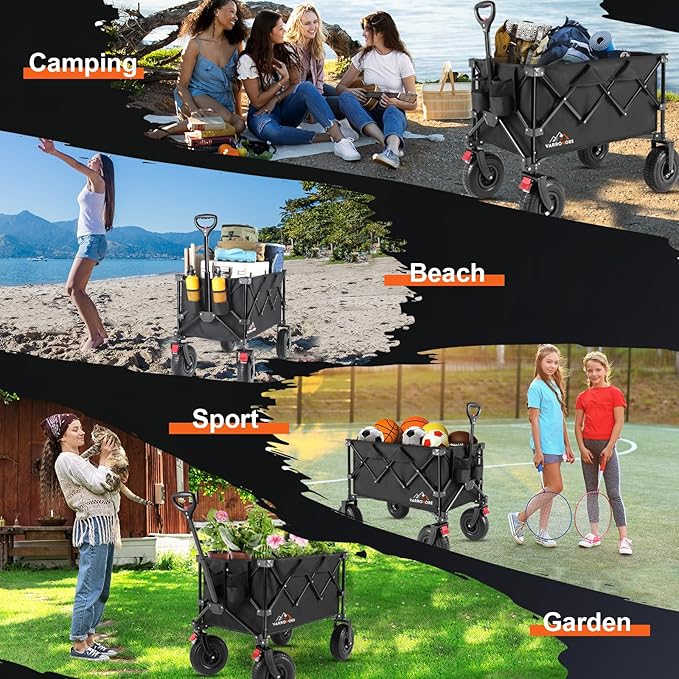 Big Rubber Wheels Beach Wagon Cart Foldable, 9x3 All-Terrain Wheels, Heavy Duty Collapsible Utility Wagon with 330lbs Capacity, Compact Storage, Easy Transport for Sand Camping Sports, Black
